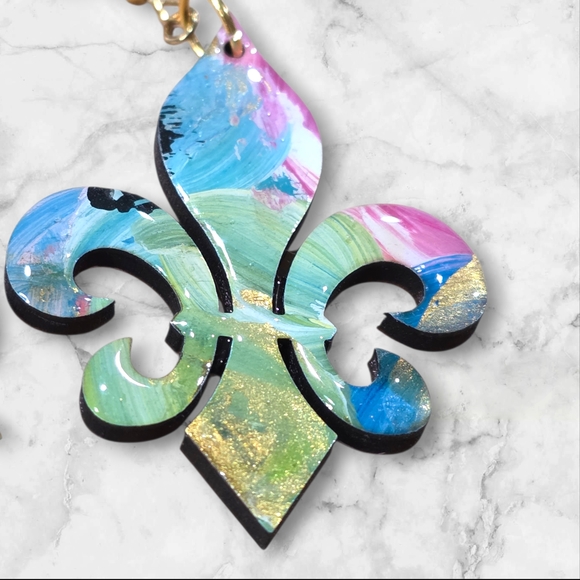 Hand Crafted Handmade Earrings Boho Wood Mardi Gras Fleur-de-Lis Casual- E013 - Picture 3 of 4